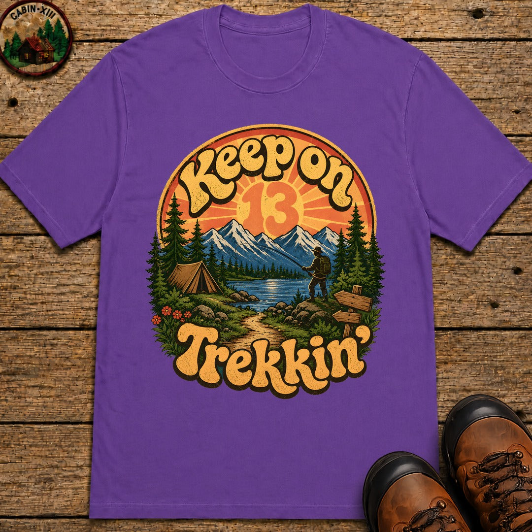 Keep On Trekkin' — Retro 70s Hiking and Camping Tee - Grape
