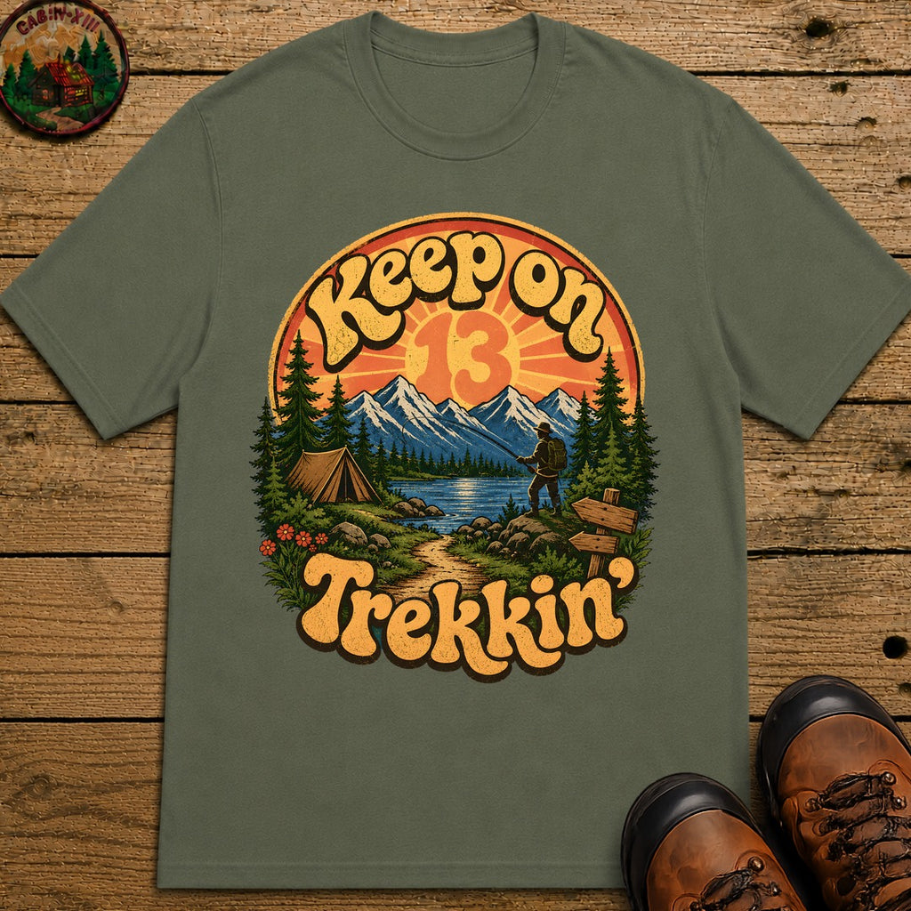 Keep On Trekkin' — Retro 70s Hiking and Camping Tee - Moss