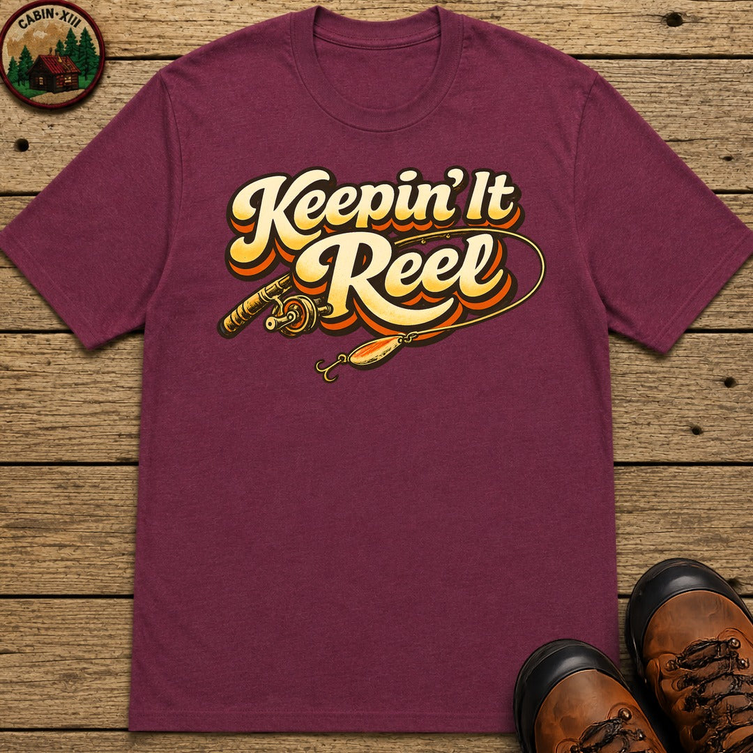 Keepin' It Reel — Retro Fishing Humor Tee - Berry