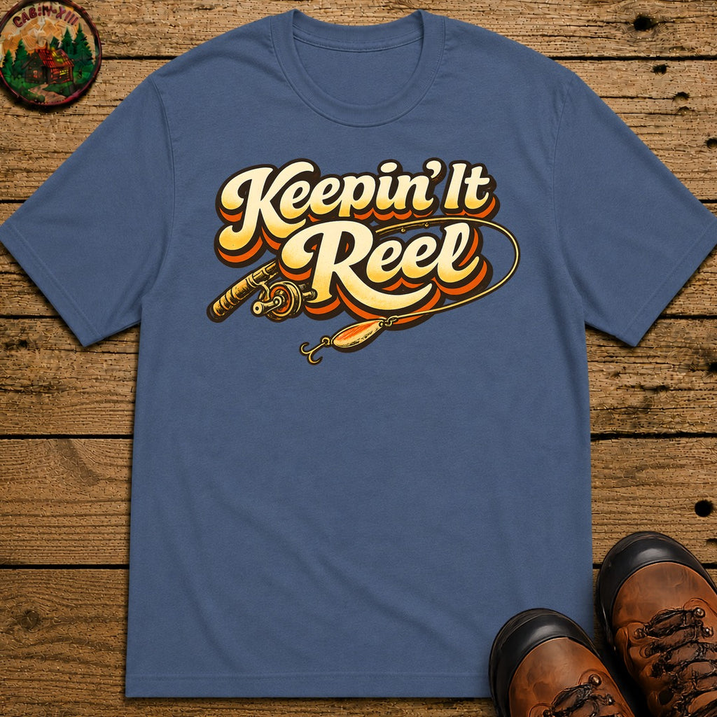 Keepin' It Reel — Retro Fishing Humor Tee - Blue Jean