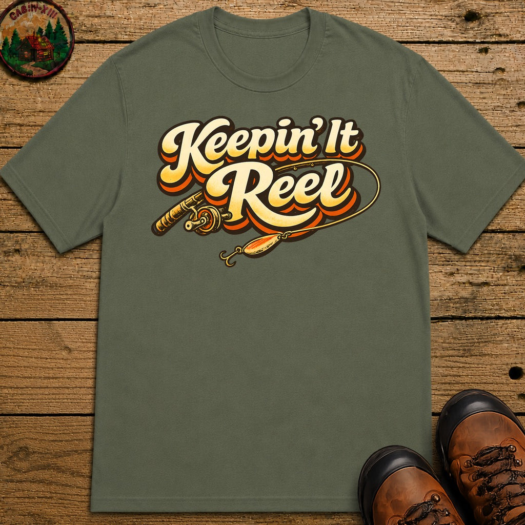 Keepin' It Reel — Retro Fishing Humor Tee - Moss