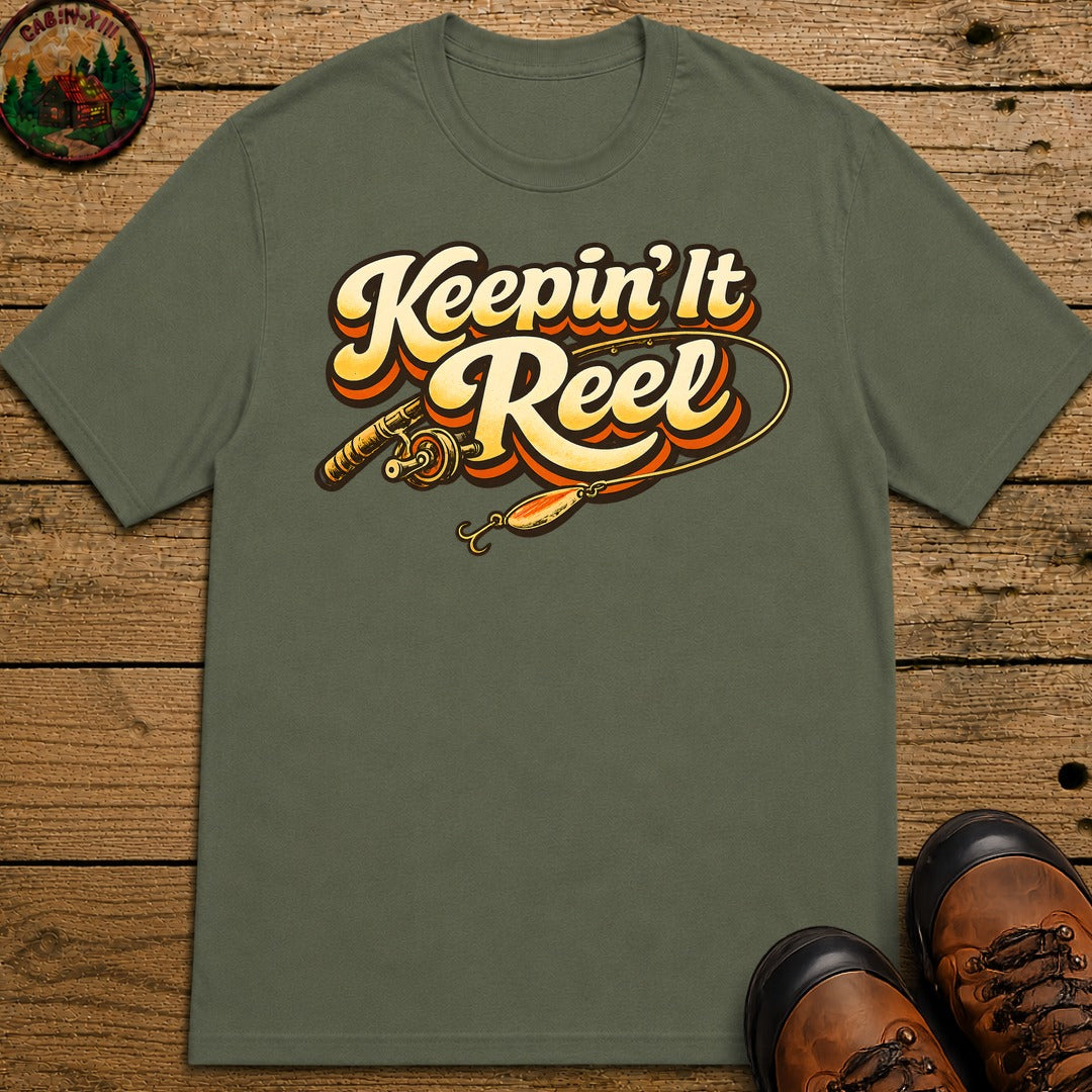 Keepin' It Reel — Retro Fishing Humor Tee - Moss