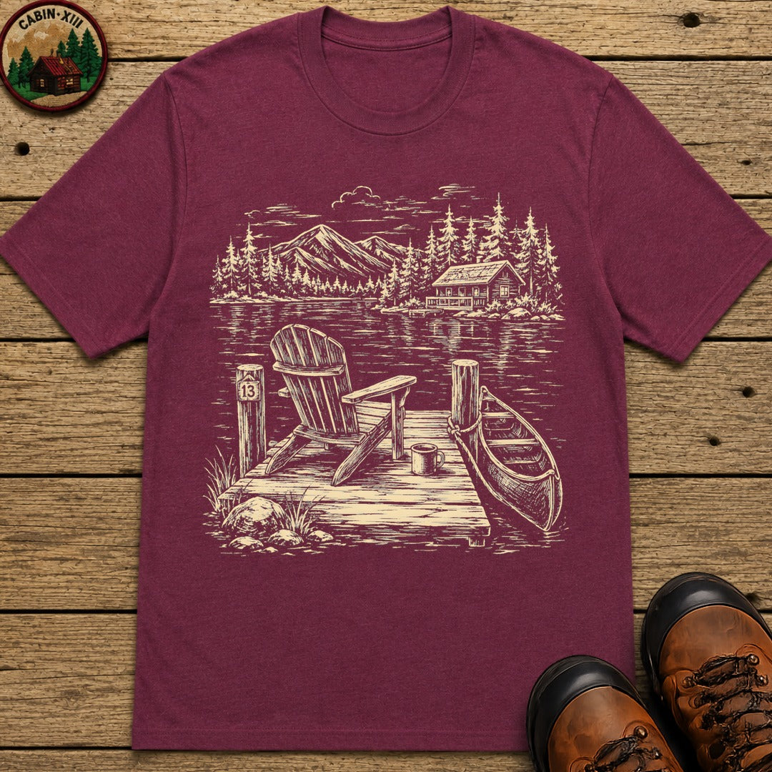 Lakeside Dock — Vintage Lake Cabin and Canoe Sketch Tee - Berry