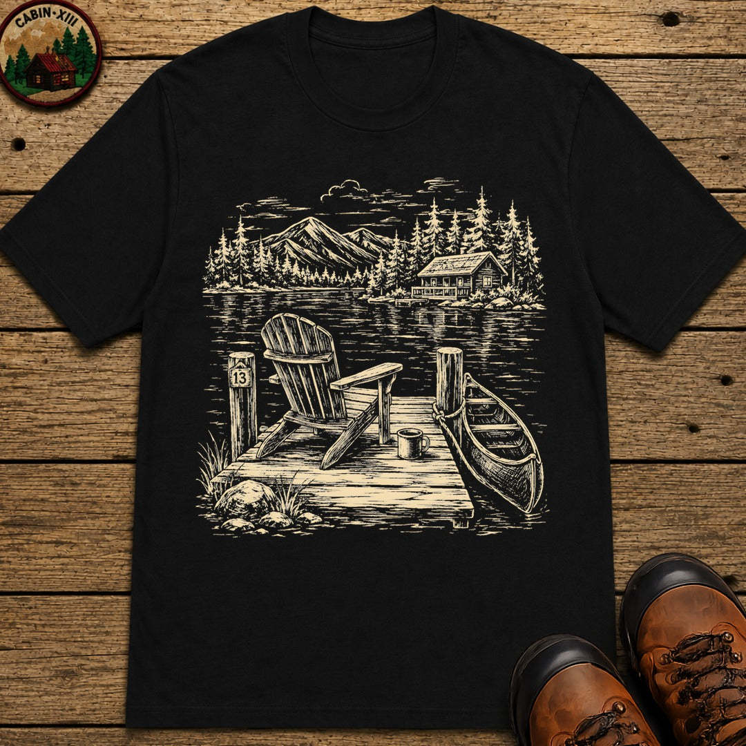 Lakeside Dock — Vintage Lake Cabin and Canoe Sketch Tee - Black