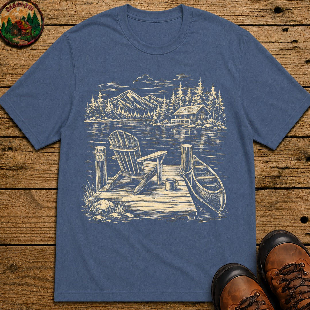 Lakeside Dock — Vintage Lake Cabin and Canoe Sketch Tee - Blue Jean