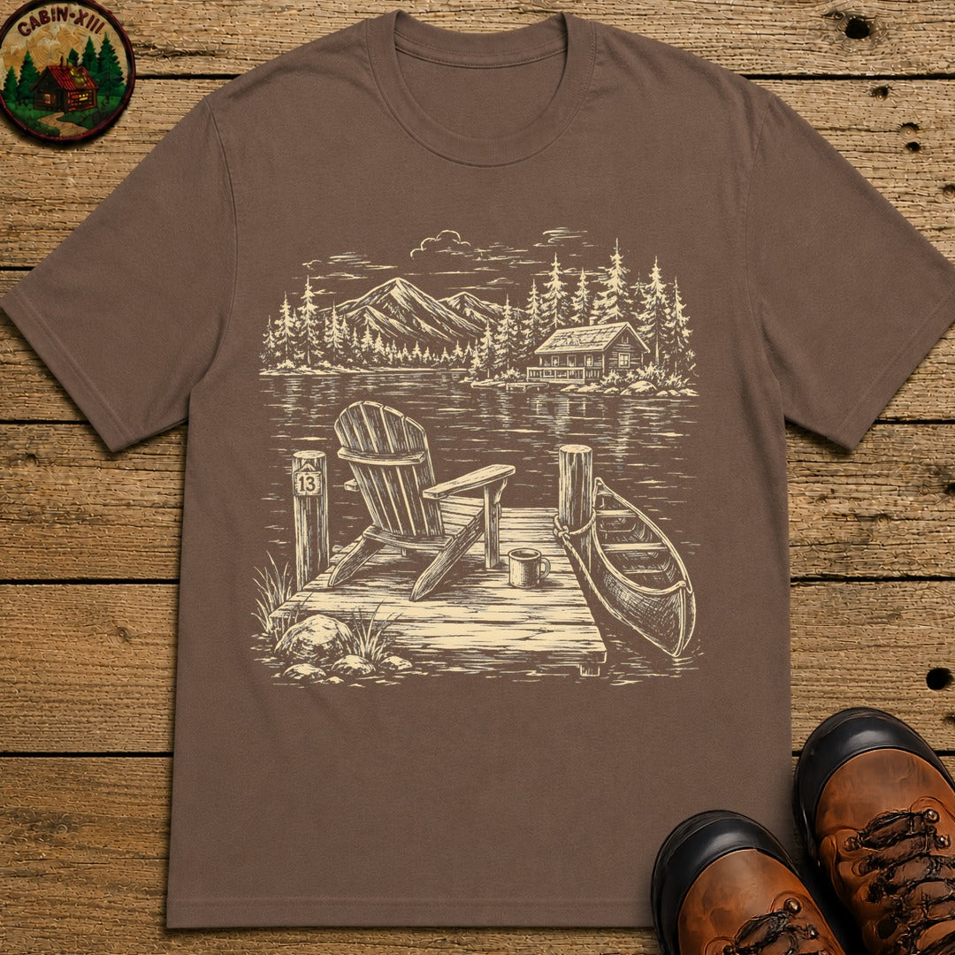 Lakeside Dock — Vintage Lake Cabin and Canoe Sketch Tee - Espresso