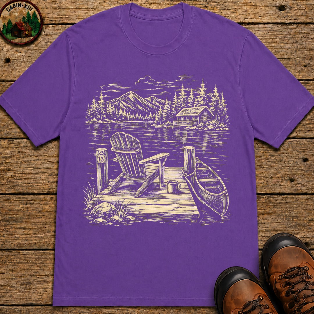 Lakeside Dock — Vintage Lake Cabin and Canoe Sketch Tee - Grape