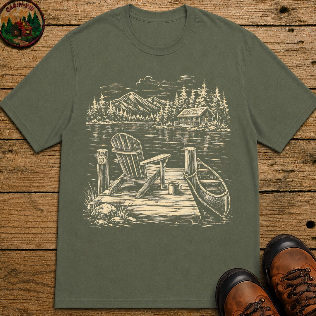 Lakeside Dock — Vintage Lake Cabin and Canoe Sketch Tee - Moss