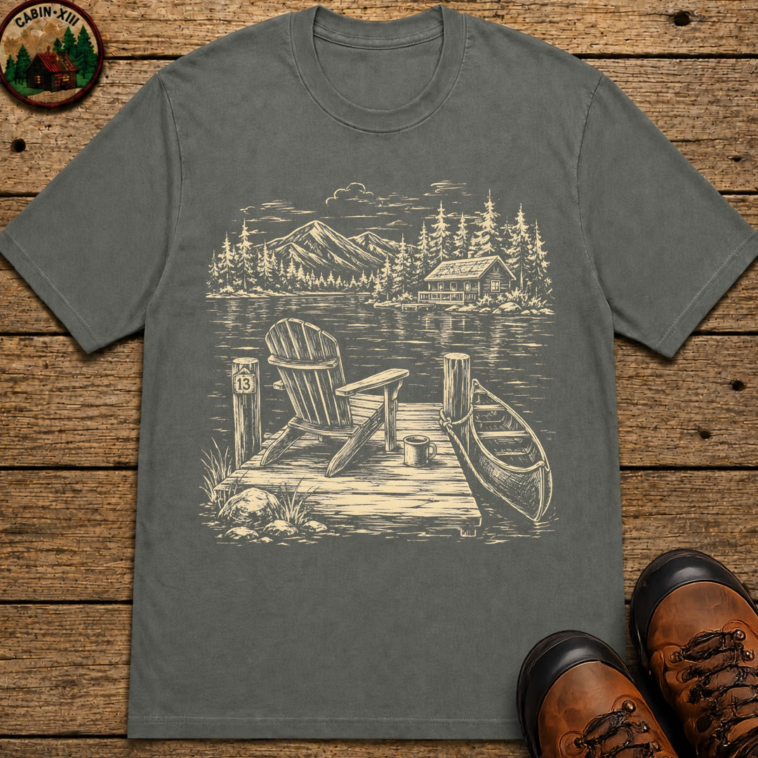 Lakeside Dock — Vintage Lake Cabin and Canoe Sketch Tee - Pepper