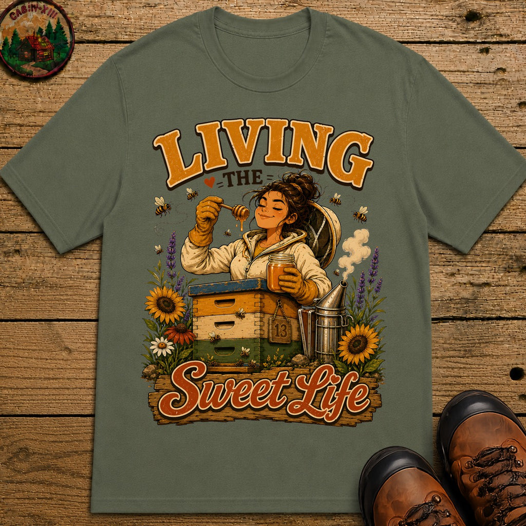Living the Sweet Life Funny Beekeeping Shirt — Beekeeper Tee - Moss