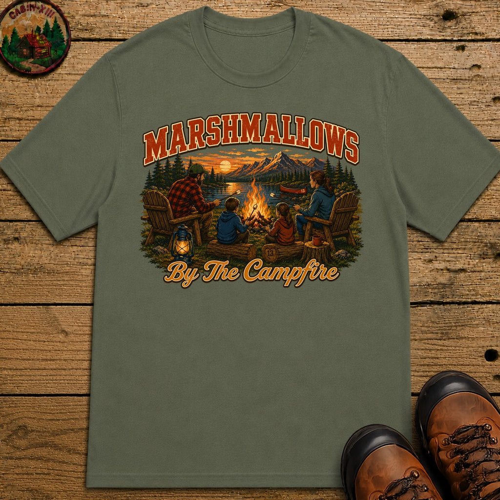 Marshmallows by the Campfire — Vintage Family Camping Tee - Moss
