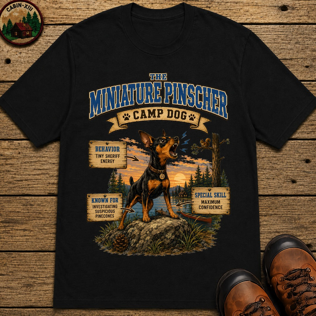 Miniature Pinscher Camp Dog - Tiny Sheriff Energy Tee - Black