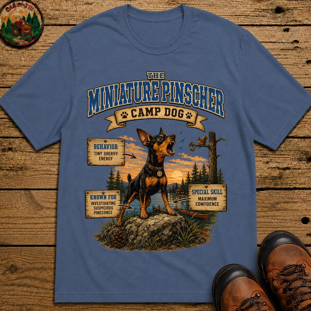 Miniature Pinscher Camp Dog - Tiny Sheriff Energy Tee - Blue Jean