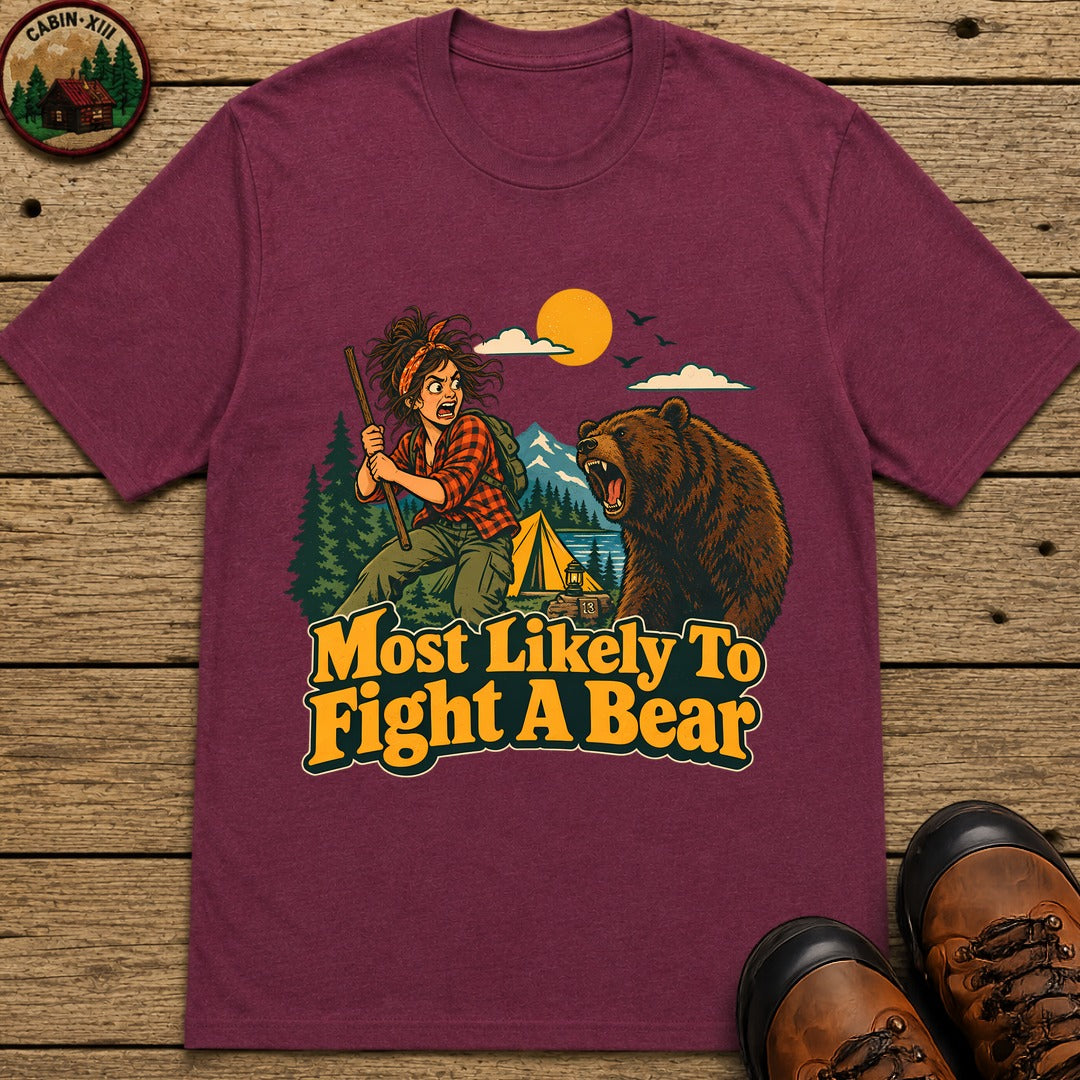 Most Likely To Fight A Bear Badge T-Shirt - Berry