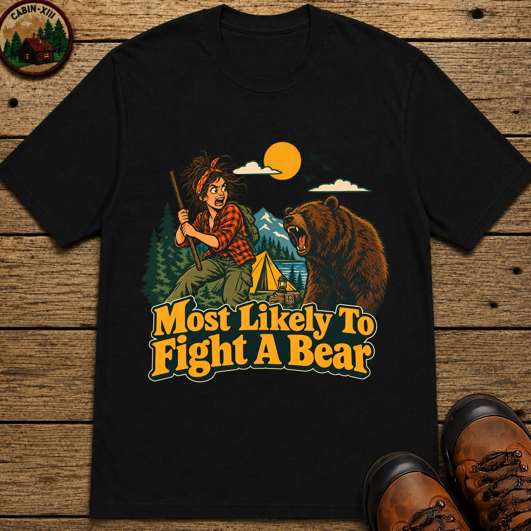 Most Likely To Fight A Bear Badge T-Shirt - Black