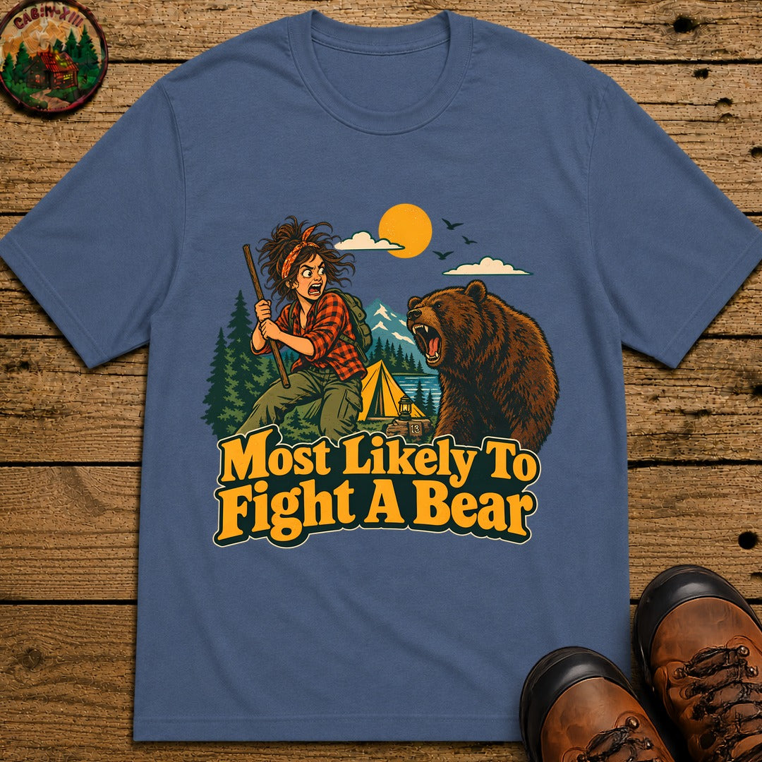 Most Likely To Fight A Bear Badge T-Shirt - Blue Jean