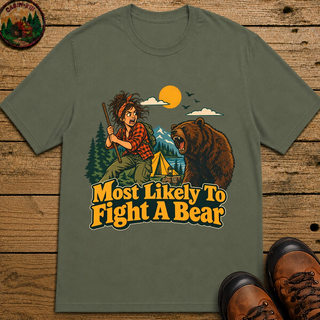 Most Likely To Fight A Bear Badge T-Shirt - Moss