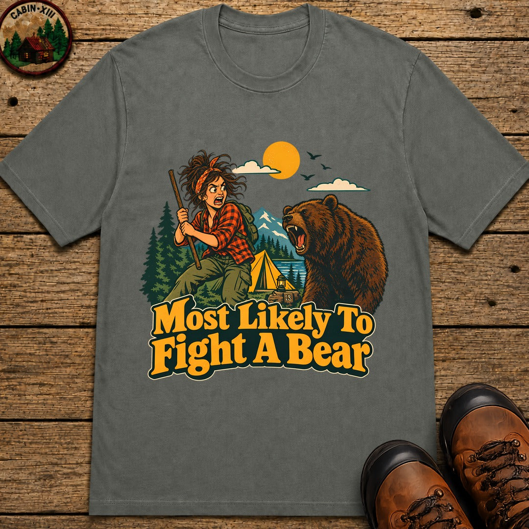 Most Likely To Fight A Bear Badge T-Shirt - Pepper