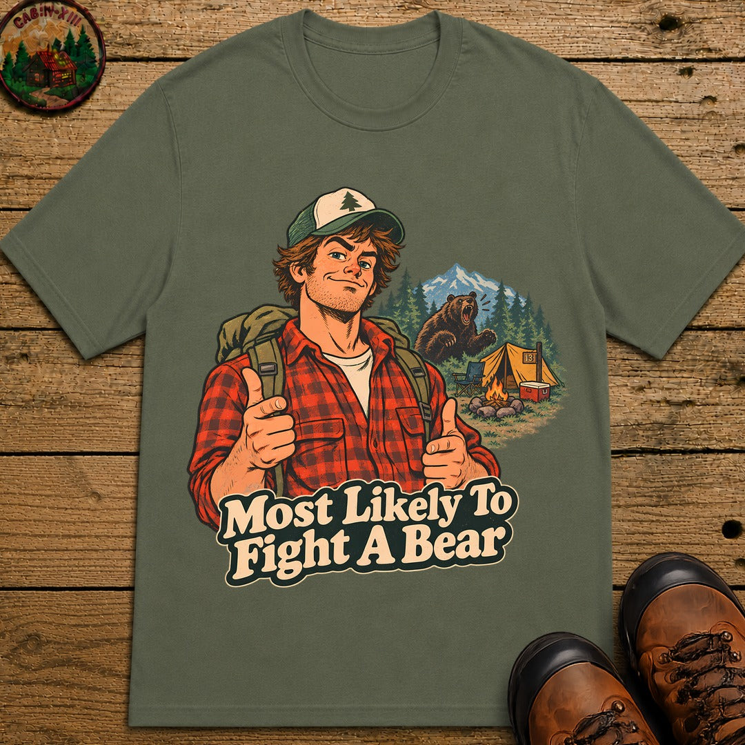 Most Likely To Fight A Bear Pin Up T-Shirt - Moss