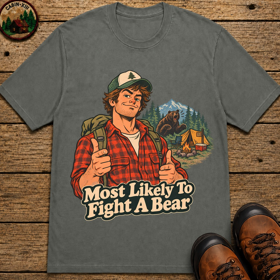 Most Likely To Fight A Bear Pin Up T-Shirt - Pepper