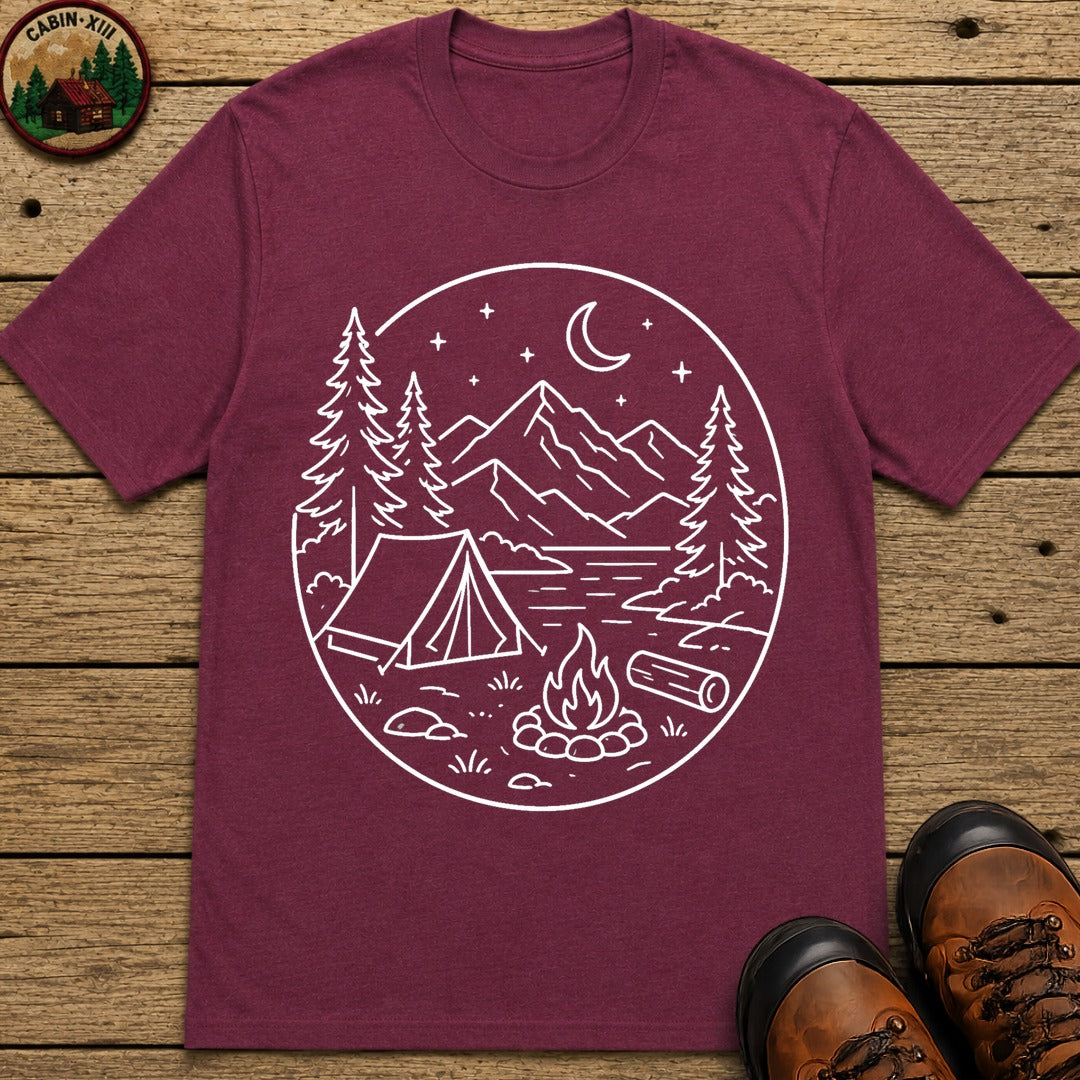 Mountain Campsite Night Scene Shirt — Cream Ink Camping Tee - Berry