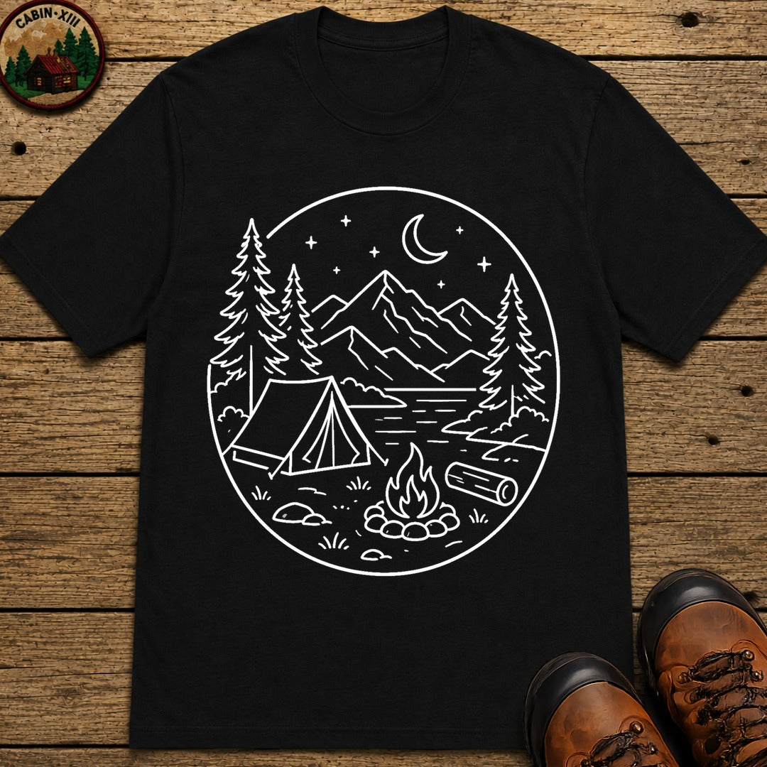 Mountain Campsite Night Scene Shirt — Cream Ink Camping Tee - Black