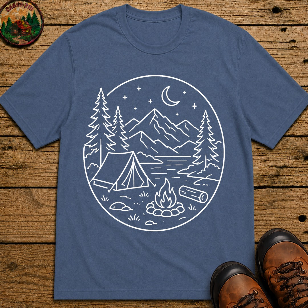Mountain Campsite Night Scene Shirt — Cream Ink Camping Tee - Blue Jean