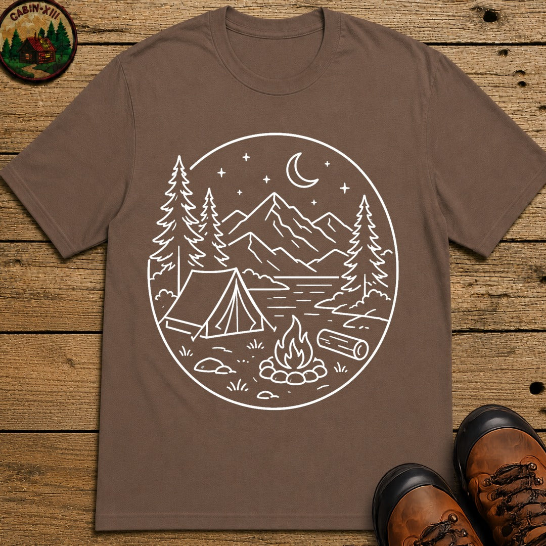 Mountain Campsite Night Scene Shirt — Cream Ink Camping Tee - Espresso