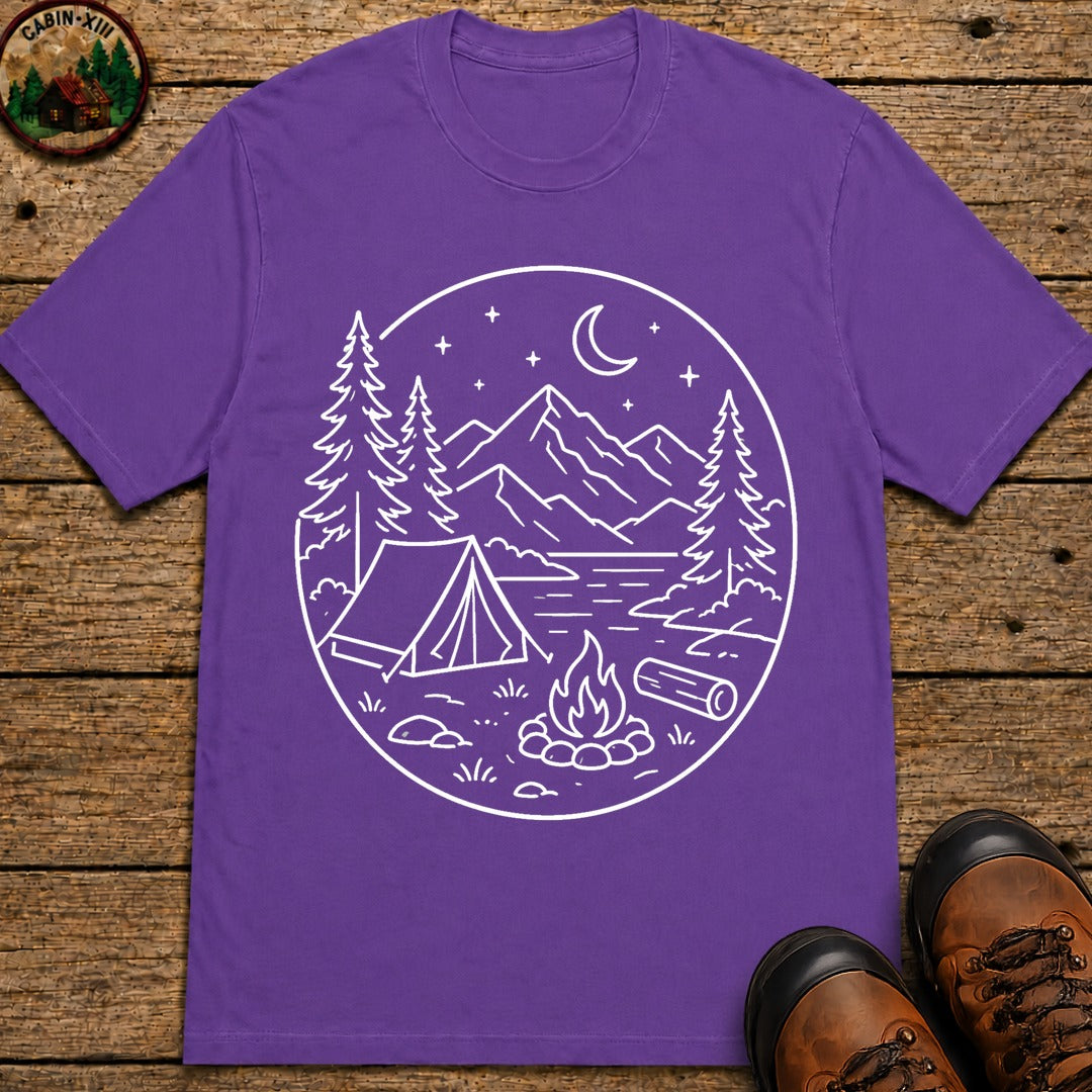 Mountain Campsite Night Scene Shirt — Cream Ink Camping Tee - Grape