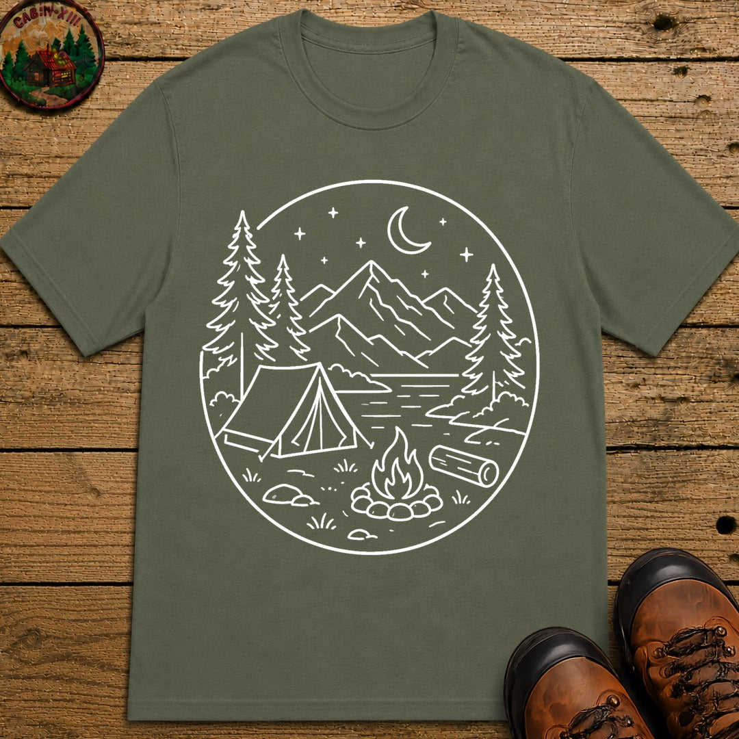 Mountain Campsite Night Scene Shirt — Cream Ink Camping Tee - Moss