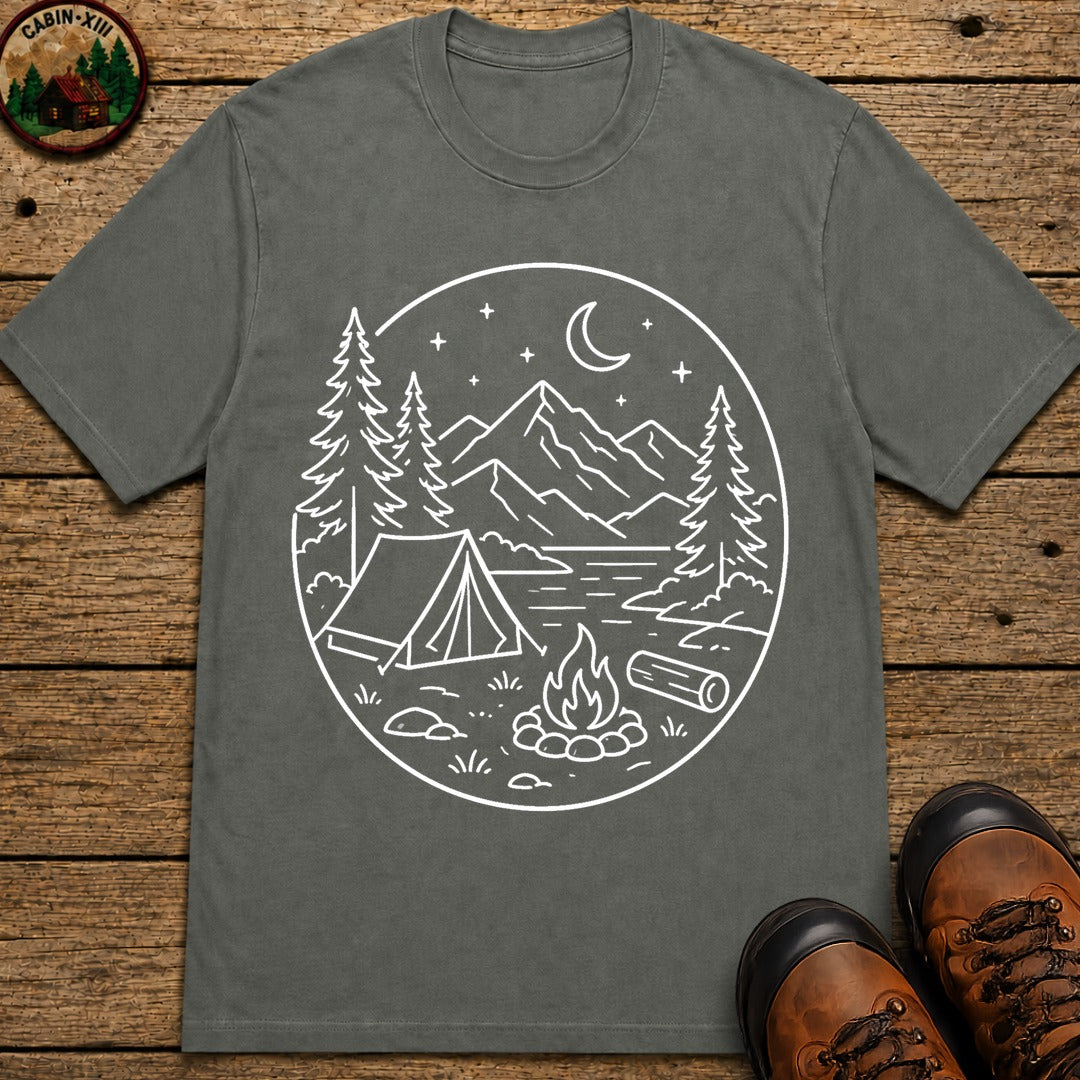 Mountain Campsite Night Scene Shirt — Cream Ink Camping Tee - Pepper