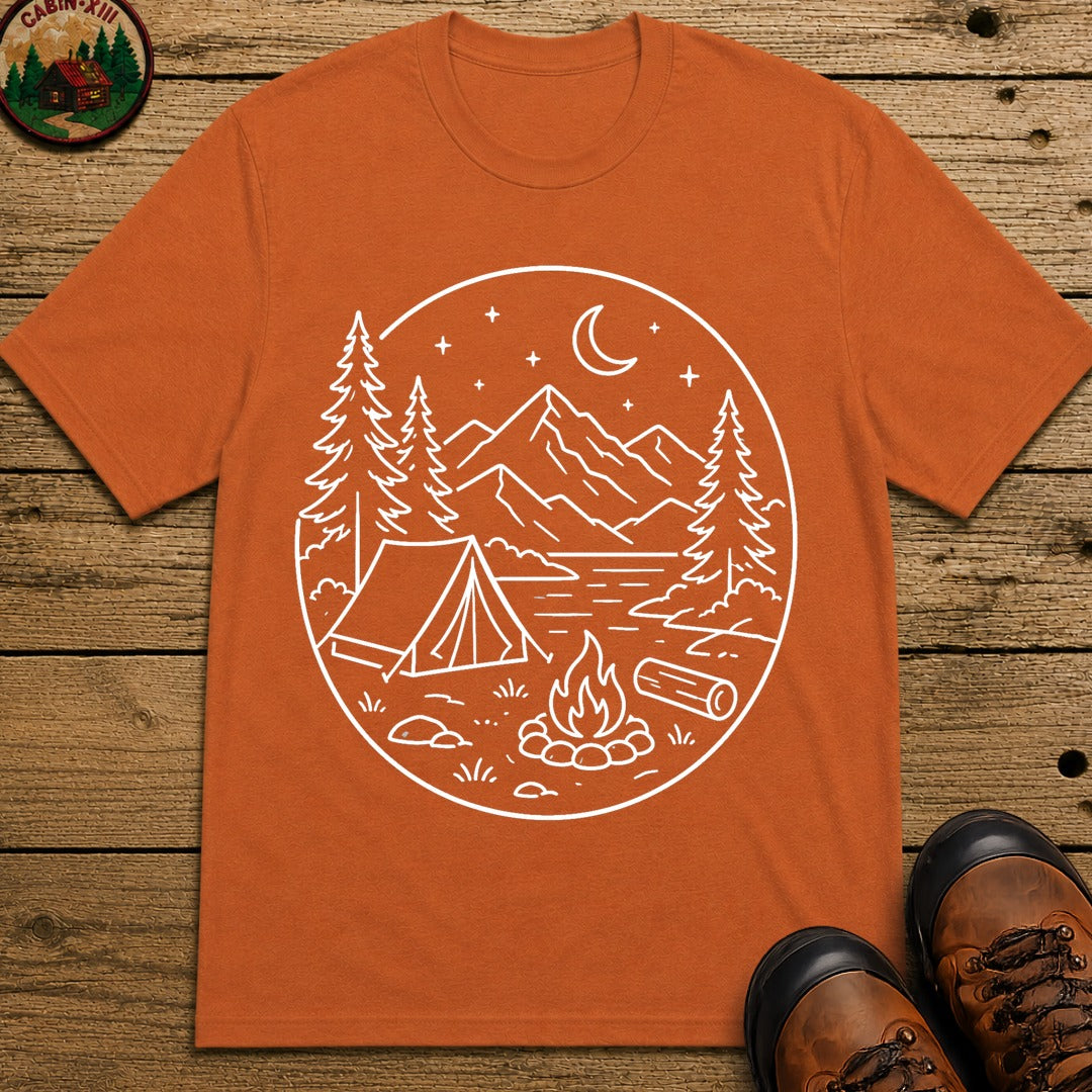 Mountain Campsite Night Scene Shirt — Cream Ink Camping Tee - Yam