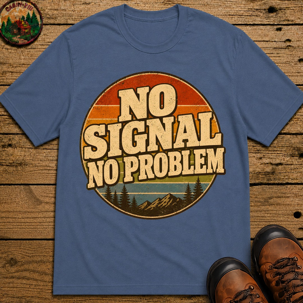 No Signal No Problem — Retro Outdoor Camping Tee - Blue Jean