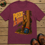 Peek-A-Boo Bigfoot — Funny Sasquatch Hiking Camping Tee - Berry