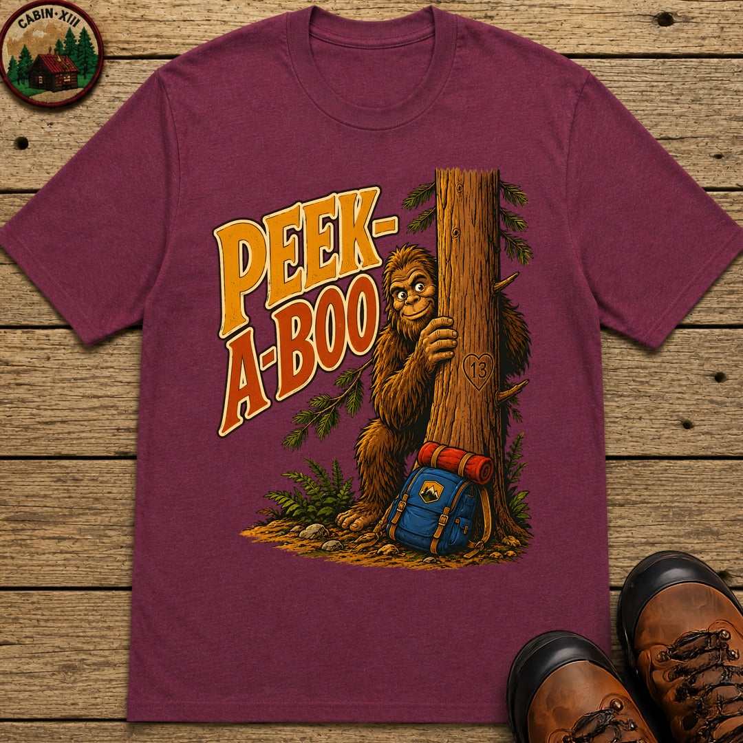 Peek-A-Boo Bigfoot — Funny Sasquatch Hiking Camping Tee - Berry