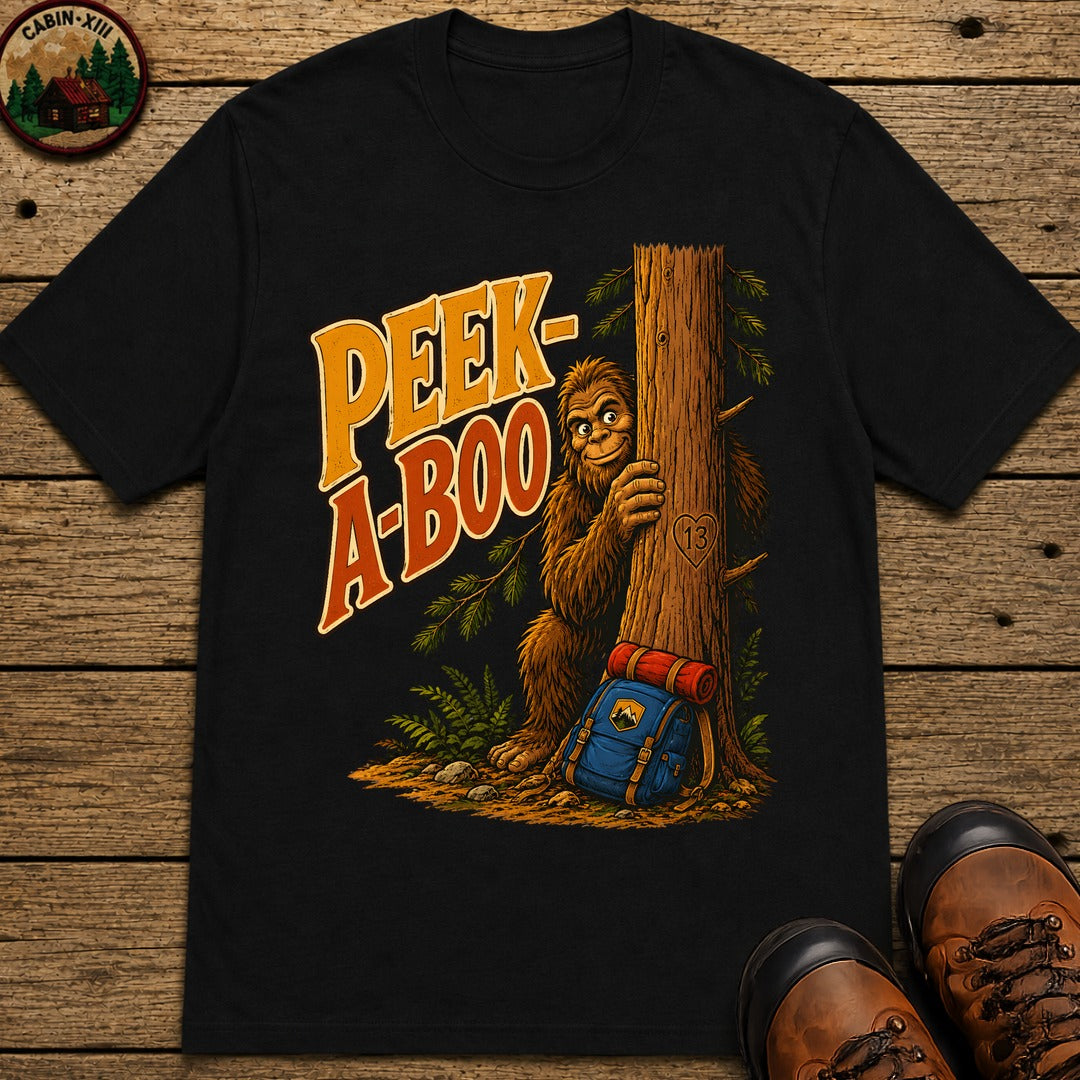 Peek-A-Boo Bigfoot — Funny Sasquatch Hiking Camping Tee - Black