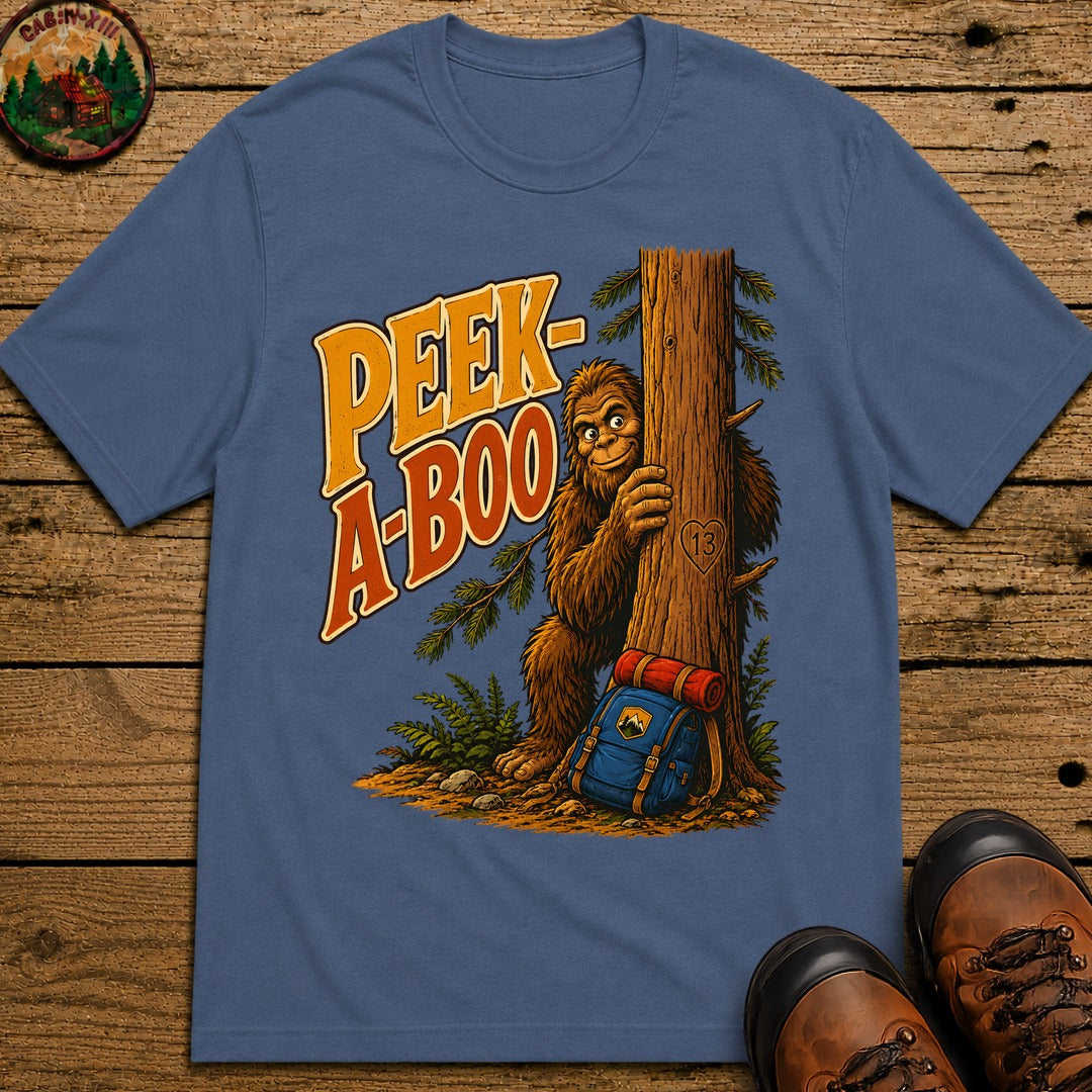 Peek-A-Boo Bigfoot — Funny Sasquatch Hiking Camping Tee - Blue Jean