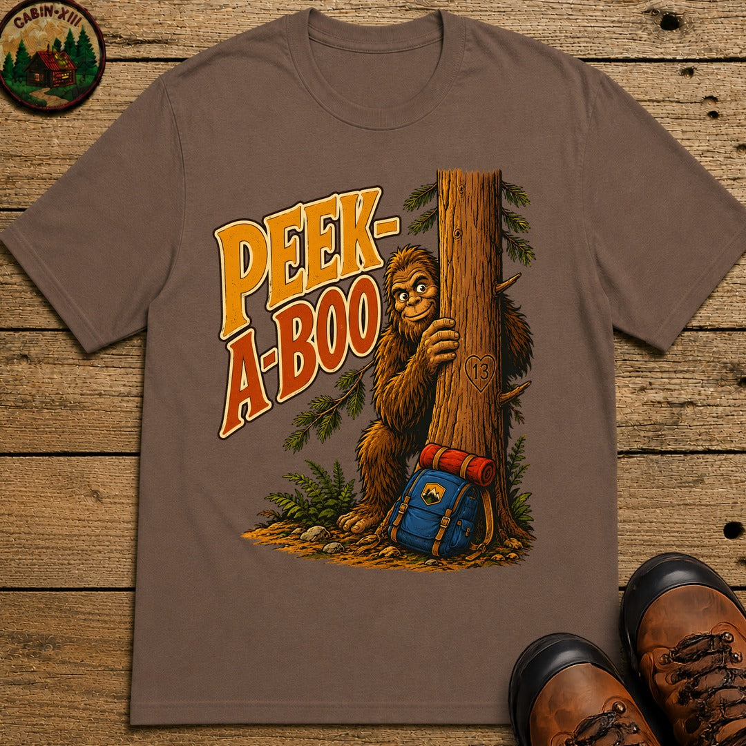 Peek-A-Boo Bigfoot — Funny Sasquatch Hiking Camping Tee - Espresso