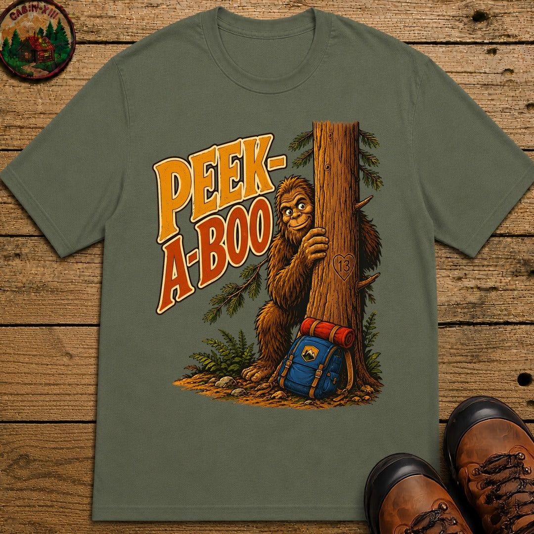 Peek-A-Boo Bigfoot — Funny Sasquatch Hiking Camping Tee - Moss