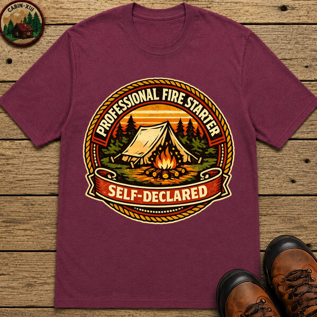 Professional Fire Starter Self-Declared — Funny Camping Tee - Berry