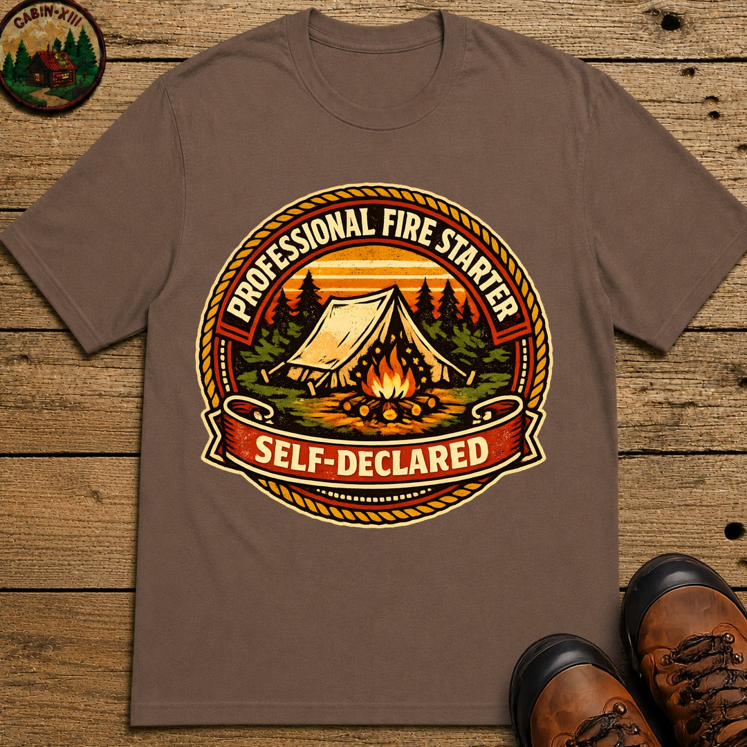 Professional Fire Starter Self-Declared — Funny Camping Tee - Espresso