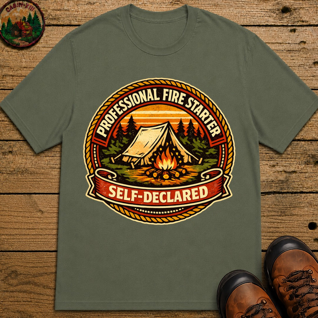 Professional Fire Starter Self-Declared — Funny Camping Tee - Moss