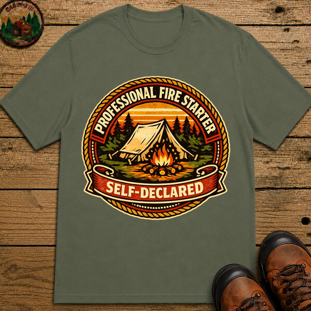 Professional Fire Starter Self-Declared — Funny Camping Tee - Moss