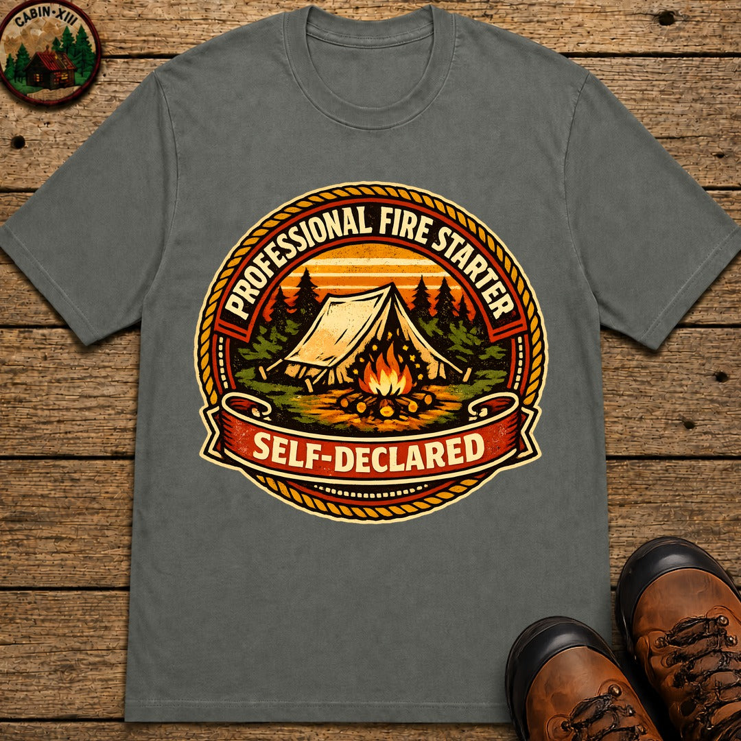 Professional Fire Starter Self-Declared — Funny Camping Tee - Pepper