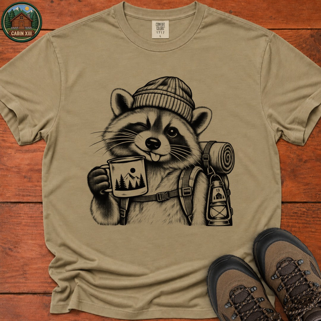 Raccoon In A Beanie T-Shirt - Khaki