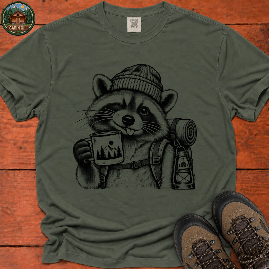 Raccoon In A Beanie T-Shirt - Moss