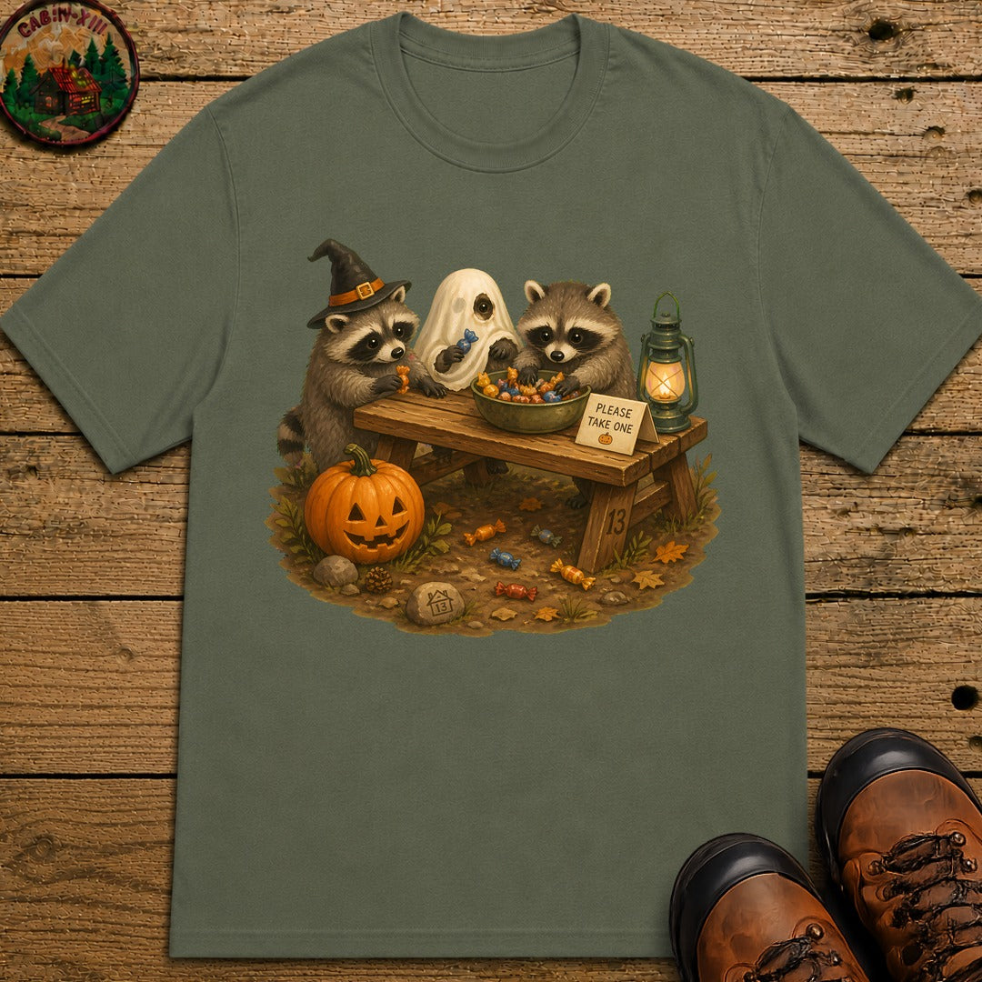 Raccoon Trick Or Treat T-Shirt - Moss