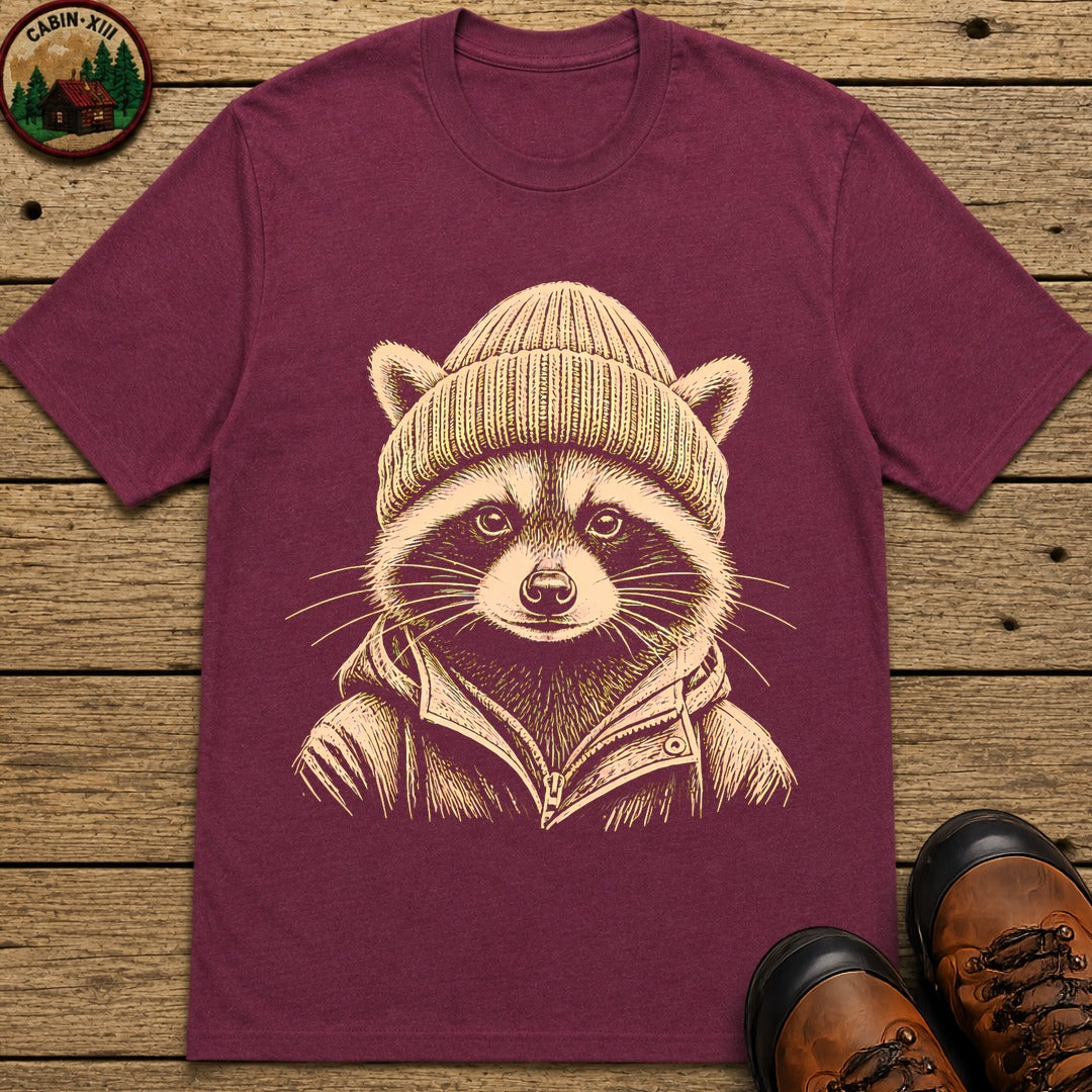 Raccoon With A Beenie T-Shirt - Berry