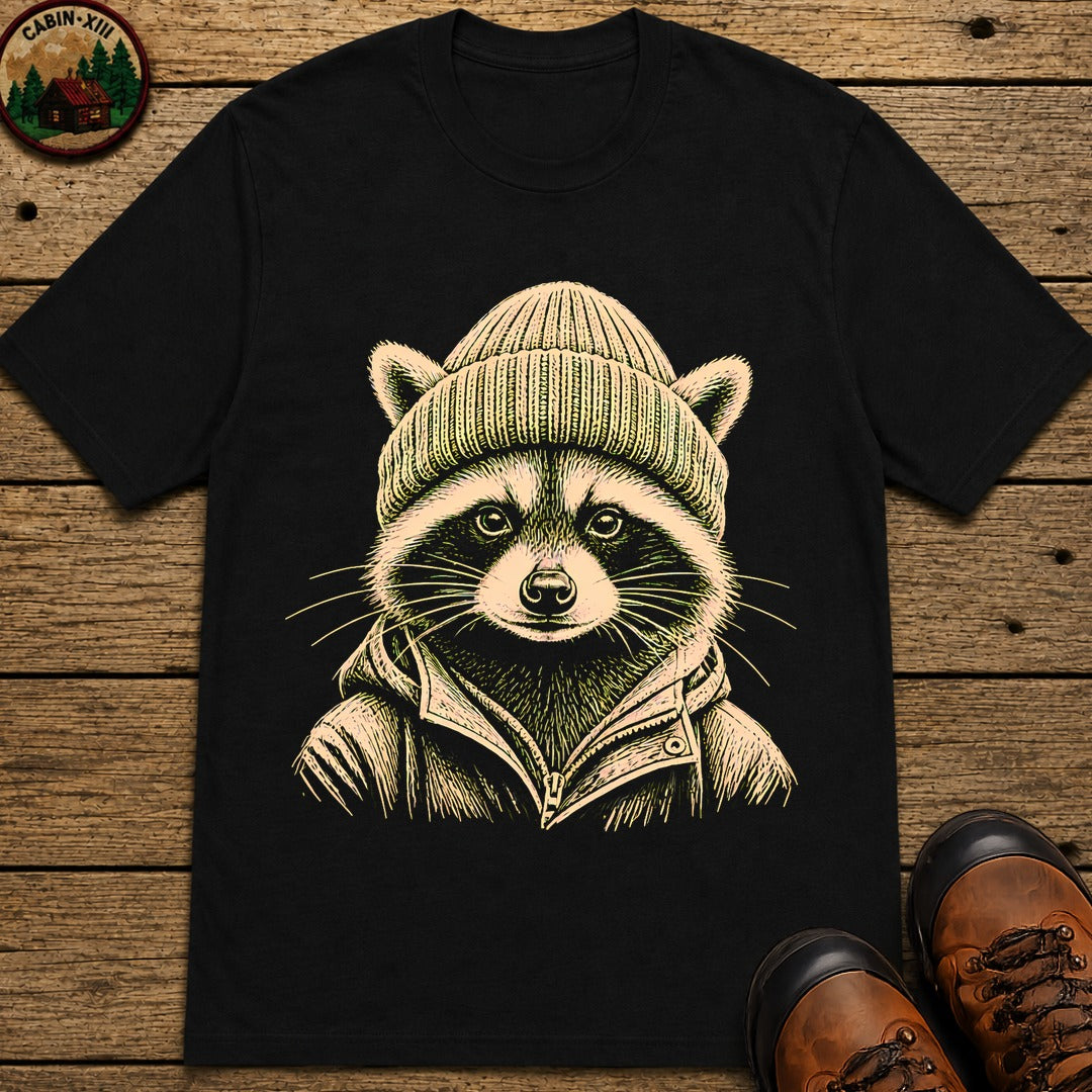 Raccoon With A Beenie T-Shirt - Black