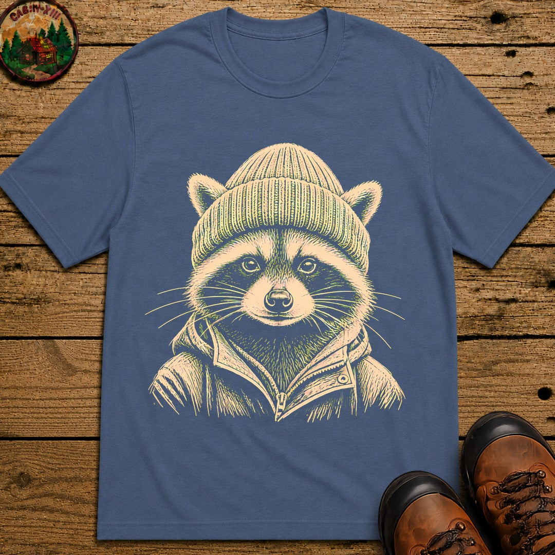 Raccoon With A Beenie T-Shirt - Blue Jean